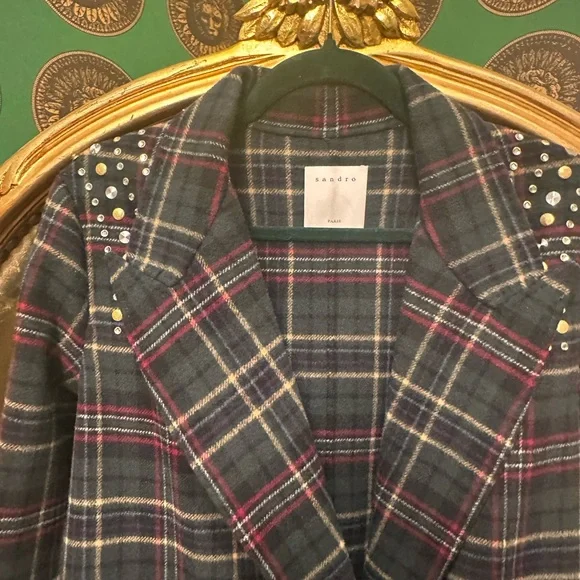 SANDRO Navy and Red Plaid Coat with Studded Shoulders, Size 36 - Picture 2 of 14